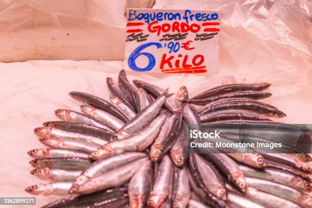 Anchovies In Fish Market At Mercado Central In Valencia Spain Stock Photo - Download Image Now