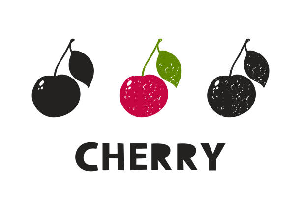 ilustrações de stock, clip art, desenhos animados e ícones de cherry, silhouette icons set with lettering. imitation of stamp, print with scuffs - postage stamp white background nobody color image