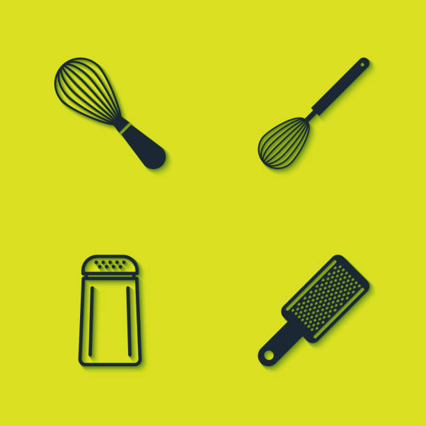illustrations, cliparts, dessins animés et icônes de set fouet de cuisine, râpe, sel et poivre et icône. vecteur - condiment food silhouette salt shaker