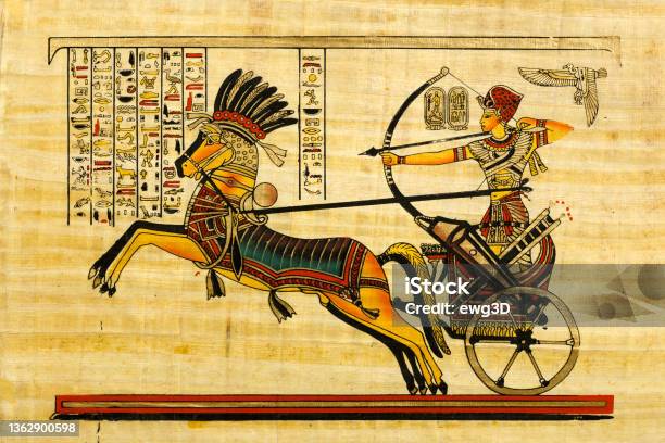 Pharaoh In The Chariot Egyptian Souvenir Papyrus Stock Photo - Download Image Now - Egypt, Chariot, War