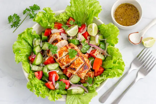 Grilled Chicken Breast Salad  with Lettuce, Cucumber and Tomato, Healthy Food Photo