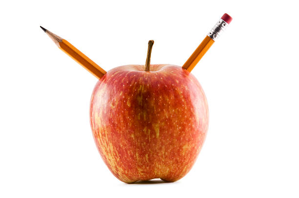 istock Red apple with wooden pencil sticking out isolated on white 136290108