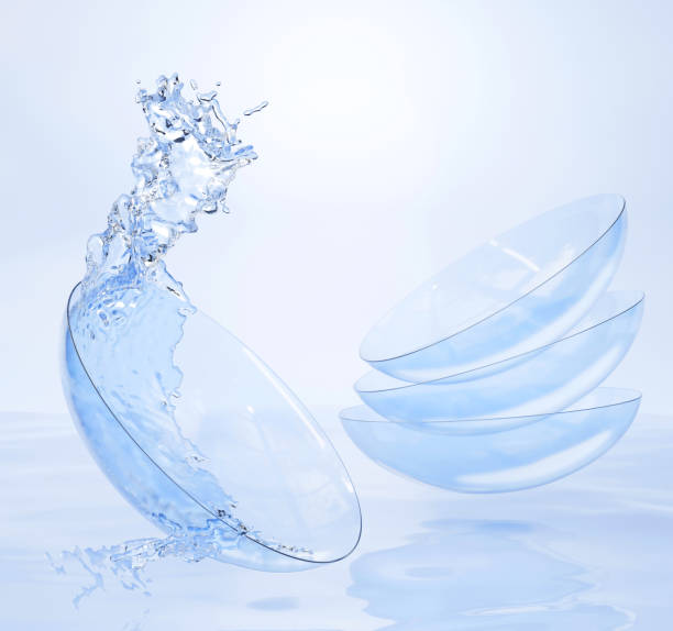 Contact lenses for eye care in water splash, liquid solution for cleaning blue clear soft lens. Medical equipment for optical vision correction on aqua surface, mockup for package design, 3d render