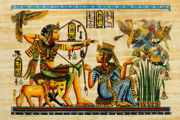 papiro souvenir egiziano con elementi di storia antica - cleopatra pharaoh ancient egyptian culture women foto e immagini stock