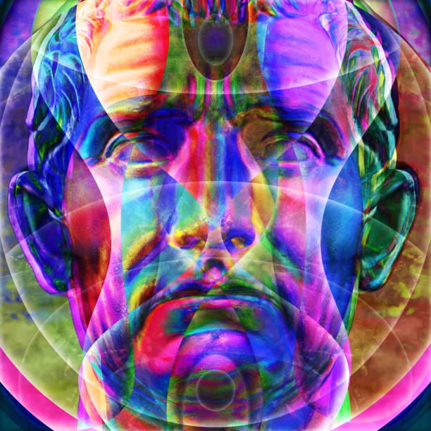 Funky vibrant texture. Modern creative concept background with ancient statue head. Collage with sculpture of human face in surreal style. Contemporary art poster. Wallpaper mockup template design.
