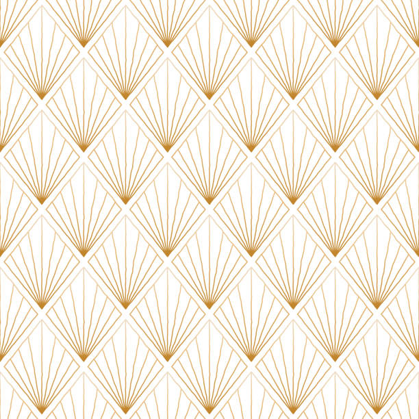 istock Abstract geometric seamless pattern. Rhombus, diamond tiles with fan ornament. Linear contour gold gradient drawing on white background. Art deco retro backdrop 1362903575