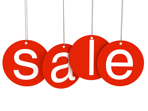 Hanging sale letter tags isolated on white with clipping path. More examples linked below.