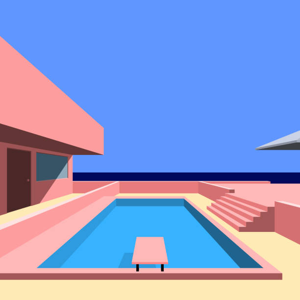vektor-cottage-außenbereich mit pool, modernes hauskonzept - swimming pool illustrations stock-grafiken, -clipart, -cartoons und -symbole