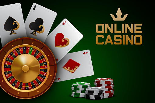 Online casino web banner with roulette, chips and four aces on abstract background