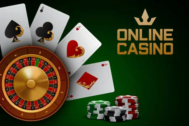 Vector illustration of Online casino web banner with roulette, chips and four aces