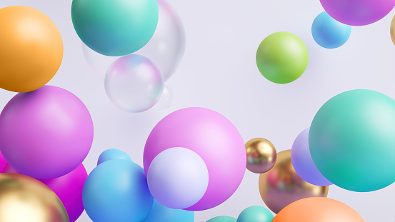 3d render, assorted pink blue green orange gold glass balls, bubbles and balloons isolated on white background. Simple colorful round shapes. Abstract geometric wallpaper