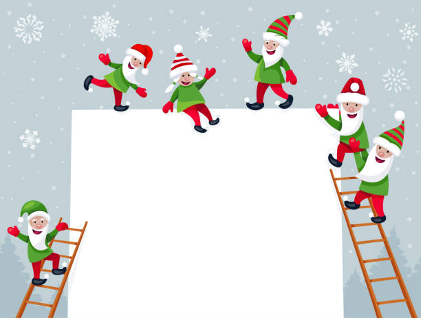 weihnachtsbanner mit elfen. grußkarten-designkonzept. - santa claus christmas cartoon traditional culture stock-grafiken, -clipart, -cartoons und -symbole