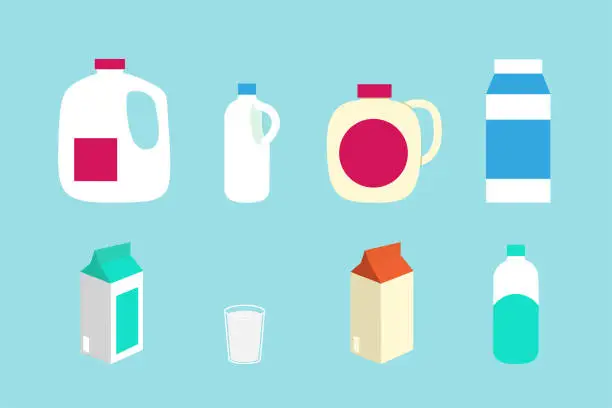 Vector illustration of Various milk in container vector collection via glass, boxes and bottles