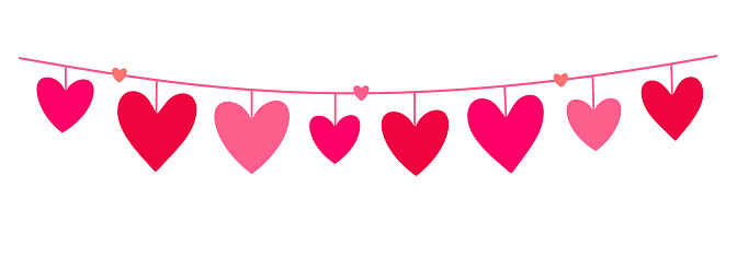 Cute Heart Border. Beautiful Hearts hanging on a string. Banner in flat style for Valentine's Day, birthday, holidays. Colorful love garland with hearts. Isolated on a white background. Hand drawn vector illustration.