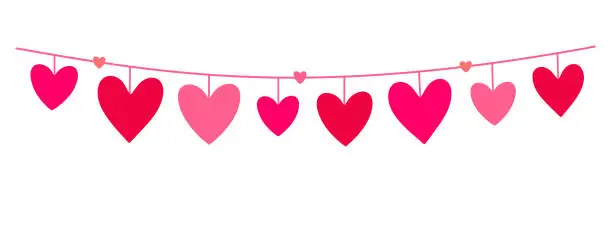 Vector illustration of Cute Heart Border. Beautiful Hearts hanging on a string. Banner in flat style for Valentine's Day, birthday, holidays. Colorful love garland with hearts. Isolated on a white background. Hand drawn vector illustration.