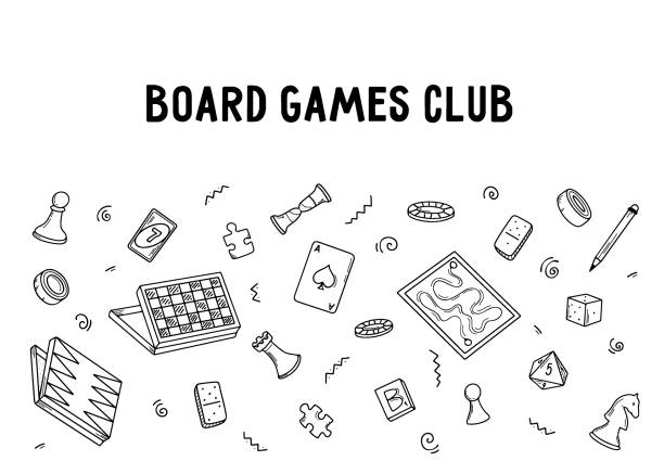 Art & Illustration Board games club. Set of vector doodle elements, board games collection. Vector hand drawn illustration board games stock illustrations