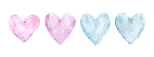 istock Hand-painted watercolor pink and blue hearts set 1362911619