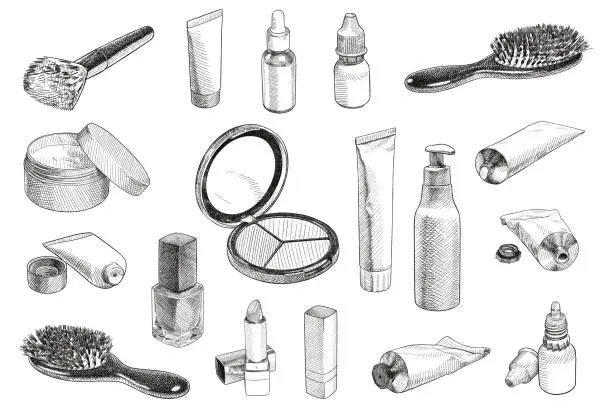 Vector illustration of Vector drawings of assorted beauty products