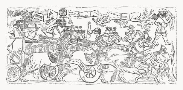Assyrian warriors in battle, Nineveh, wood engraving, published in 1862 Assyrian warriors in battle, from monuments of Nineveh. Wood engraving, published in 1862. famous archer stock illustrations