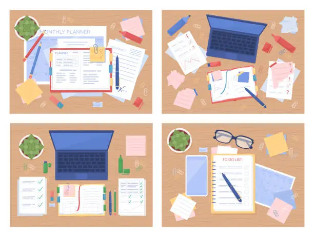 Vector illustration of Study tablespace flat color vector illustration set