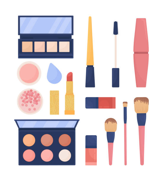 Cosmetics products semi flat color vector object set Cosmetics products semi flat color vector object set. Beauty and make up tool. Realistic item on white. Lifestyle isolated modern cartoon style illustration for graphic design and animation collection eyeliner brush stock illustrations