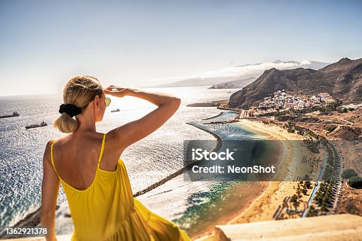 istock Amazing place to visit. Woman looking at the landscape of Las Teresitas beach and San Andres village, Tenerife, Canary Islands, Spain. 1362921378