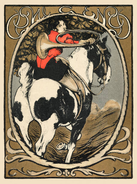 馬の絵アールヌーボー1899に狩猟ホーンを持つ女性 - women victorian style retro revival art nouveau点のイラスト素材／クリップアート素材／マンガ素材／アイコン素材