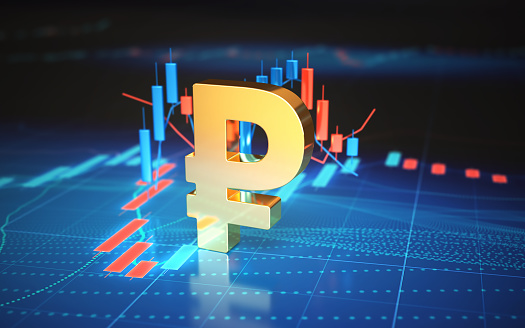 3d render Russian Rubles Sign on digital graphic background (depth of field)