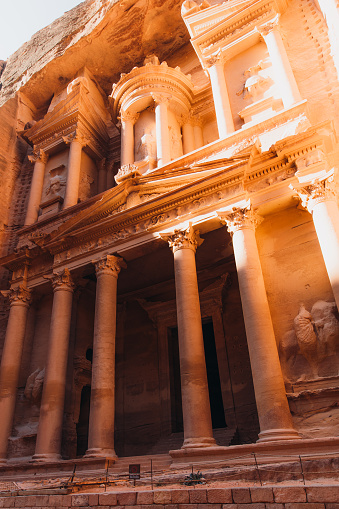 Scenic view of the old architecture with stoned building in the cliff at Petra town, Jordan, Middle East