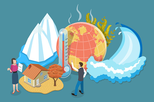 3D Isometric Flat Vector Conceptual Illustration of Climate Change, Global Warming and Environment Pollution