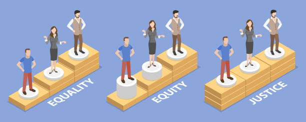 3D Isometric Flat Vector Conceptual Illustration of Equality Vs Equity Vs Justice 3D Isometric Flat Vector Conceptual Illustration of Equality Vs Equity Vs Justice, Human Rights and Equal Opportunities racial equality stock illustrations