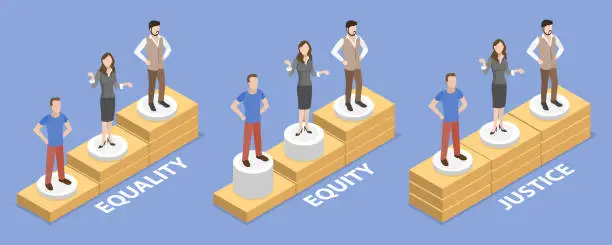 Vector illustration of 3D Isometric Flat Vector Conceptual Illustration of Equality Vs Equity Vs Justice