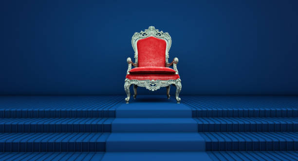 chaise royale rouge sur fond bleu, trône vip, trône royal rouge, - trône photos et images de collection