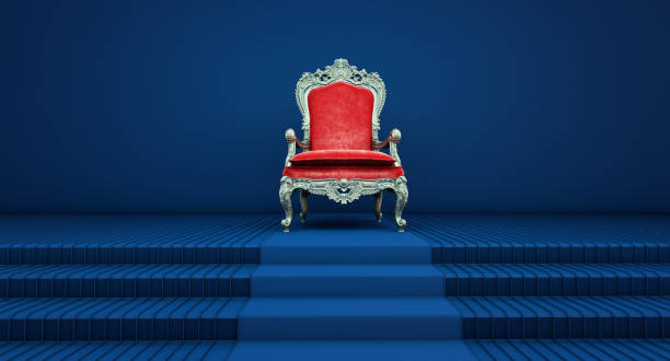 sedia reale rossa su sfondo blu, trono vip, trono reale rosso, - throne foto e immagini stock