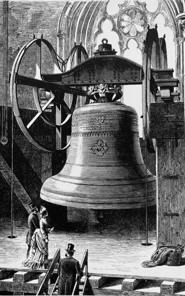 Old emperor bell Cologne cathedral, made of 22 french cannons Illustration from 19th century. bell tower tower stock illustrations