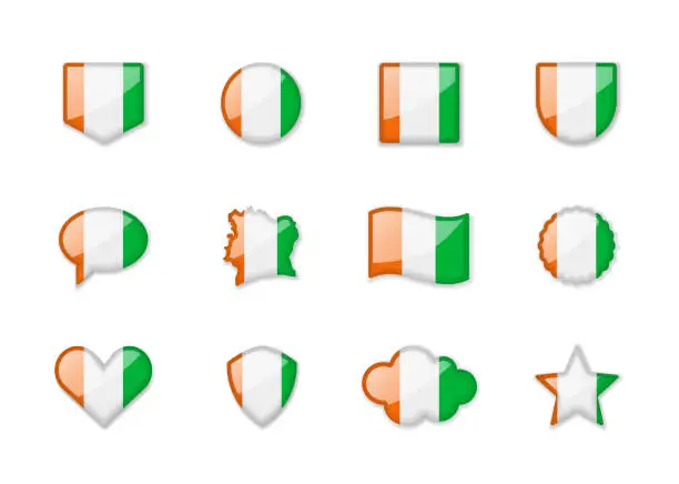 Vector illustration of Ivory Coast - set of shiny flags of different shapes.