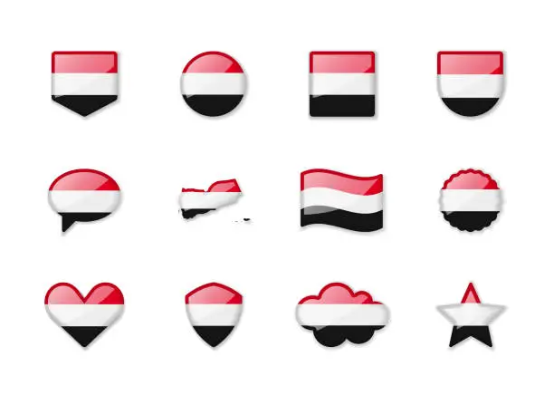 Vector illustration of Yemen - set of shiny flags of different shapes.