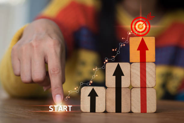 Hand stacking wood blocks on a table with the symbol Action plan, Goal and target, success and business target idea, project management, and corporate strategy development