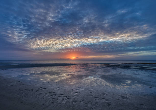 Sunrise with colorful clouds over Tampa Bay during low tide.