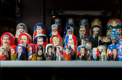 Wooden Nesting Dolls or Russian Matryoshka Dolls of world leaders and famous people, for sale in St Petersburg, Russia