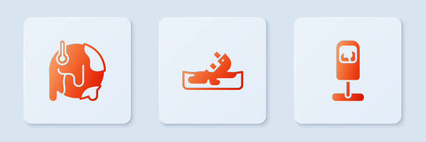 Set Wrecked oil tanker ship, Global warming and Trash can. White square button. Vector.