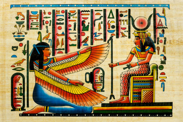 고대 역사의 요소와 이집트 기념품 파피루스 - egypt painted image beauty cleopatra 뉴스 사진 이미지