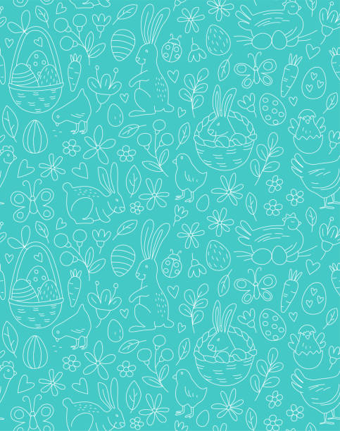 ilustrações de stock, clip art, desenhos animados e ícones de funny happy easter seamless pattern background greeting card - easter traditional culture backgrounds basket