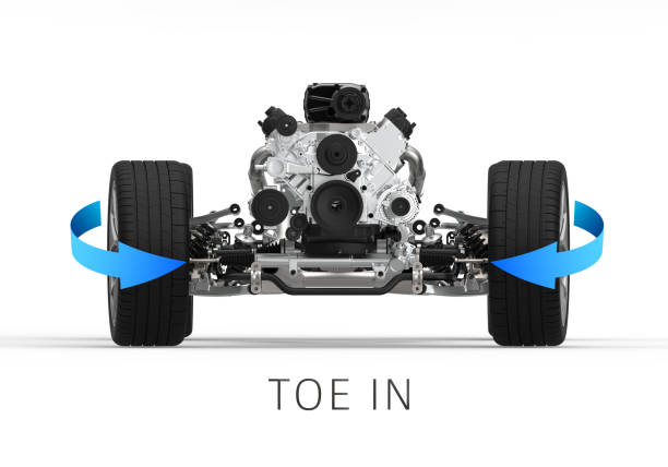 Car alignment. Car wheels alignment. Front view of a car drivetrain chassis with front wheels alignment. Toe wheels alignment. convex stock pictures, royalty-free photos & images