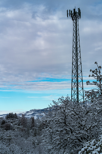Cell Tower on Snowy Day. Oregon, Ashland, Cascade Siskiyou National Monument, Winter