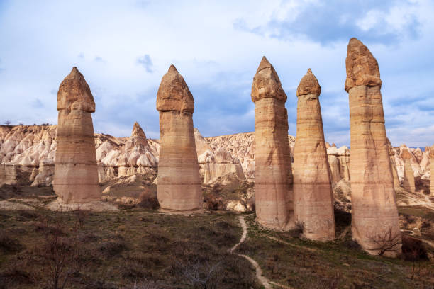 Love Valley in Cappadocia Weathered stone pillars of bizarre shape in the Love Valley near Goreme. Magnificent landscape of Turkish Cappadocia. cappadocia winter photos stock pictures, royalty-free photos & images