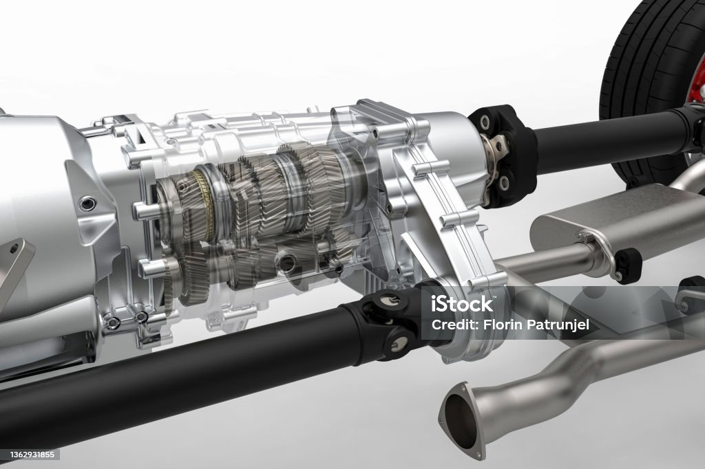 Transmission and transfer case with drive shafts. All wheel drive system. Transmission and transfer case with drive shafts. All wheel drive system. Car chassis with AWD driveline Car Stock Photo