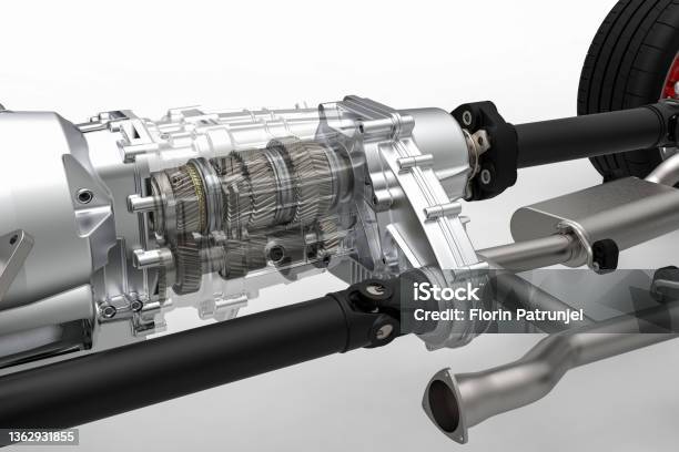 Transmission And Transfer Case With Drive Shafts All Wheel Drive System Stock Photo - Download Image Now