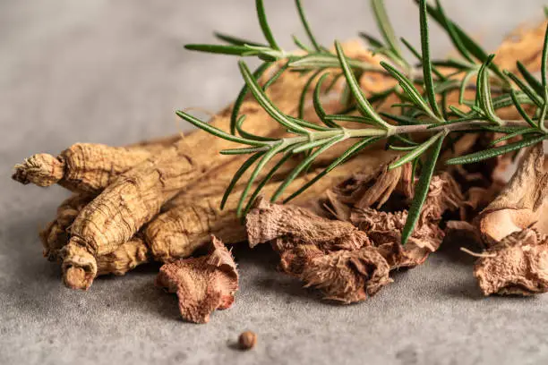 Photo of Ginseng, dried vegetable herb. Healthy food famous export food in Korea country.