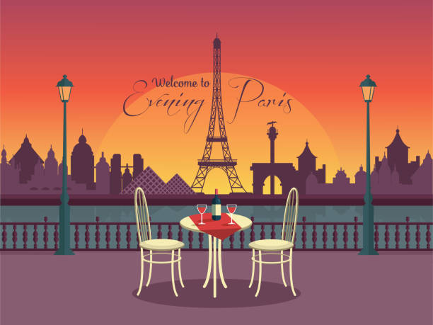 illustrazioni stock, clip art, cartoni animati e icone di tendenza di vista di parigi dalla sera vettoriale cafe - paris